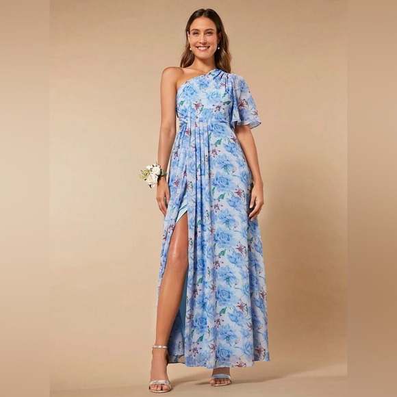 Floral Blue One-Shoulder Dress Maxi Dress - Picture 1 of 4